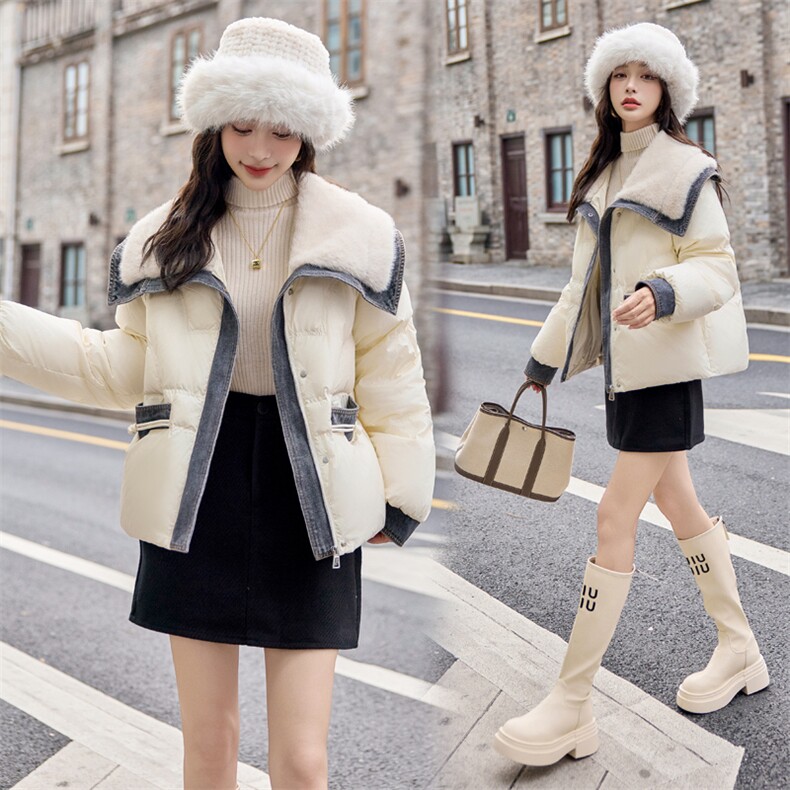 牛仔拼接撞色小香风羽绒服女短款2024冬新款小个子加厚白鸭绒外套，女装羽绒服，千千佰惠