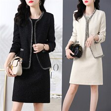 小香风套装连衣裙女2024冬装新款高端毛呢外套遮肚显瘦两件套裙子，女装套装/套裙，罗得堡