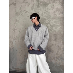1506/Q82910/P49春季假两件衬衫领卫衣上衣潮男宽松百搭套头衣服图片