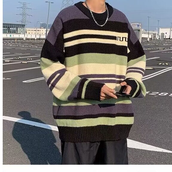 M248-P46撞色条纹圆领毛衣男秋冬季日系潮牌宽松百搭复古,男装针织衫/毛衣,电商B323A