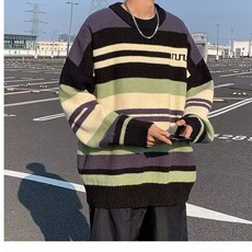 M248-P46撞色条纹圆领毛衣男秋冬季日系潮牌宽松百搭复古，男装针织衫/毛衣，电商B323A