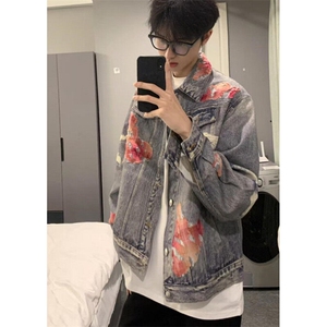 蕾丝火焰垫肩牛仔外套男女痞帅棒球服水洗复古工装夹克 J35图片