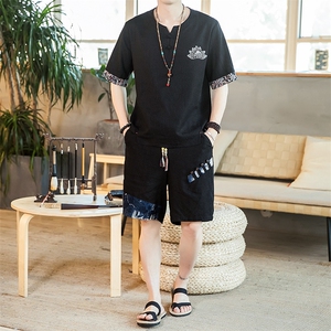 刺绣夏季亚麻风男装套装棉麻短裤T恤两件套A266-1-TZ4957-P75图片