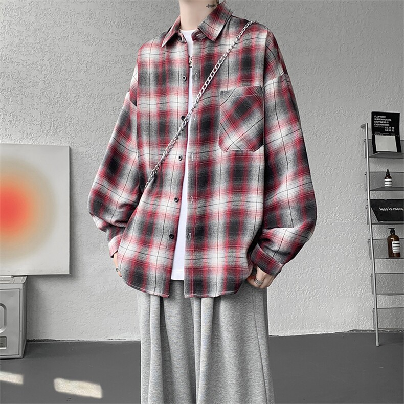 衬衫男春季新款港风宽松大码磨毛格子长袖衬衣CS131-特P28，男装衬衫，星座214-3