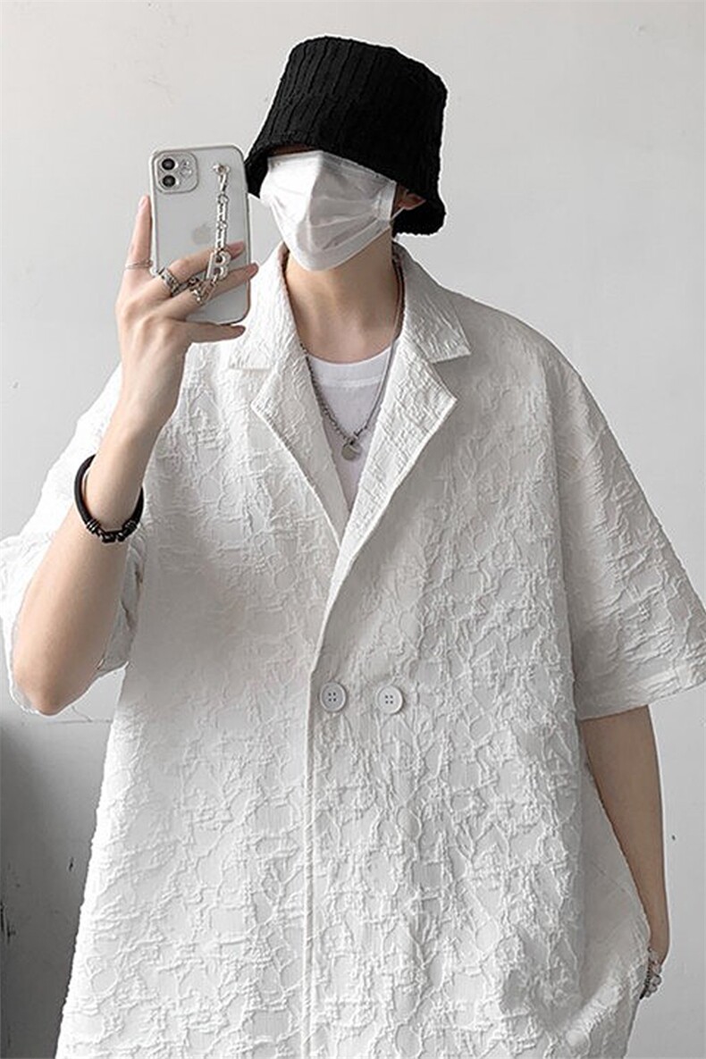 宽松肌理感短袖衬衫男夏季薄款设计感小众白色西装领衬衣DC34-P45,男装T恤,星座512-1（原513-3）