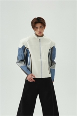 立领垫肩牛仔拼接机车PU皮衣夹克男2025春秋新款小众宽松痞帅外套，男装夹克，星座505-2（原电商A260-1)