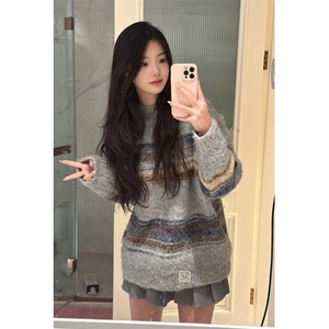 冬季小众慵懒风针织衫套头毛衣男女款宽松痞帅拼接打底衫 MY9529图片