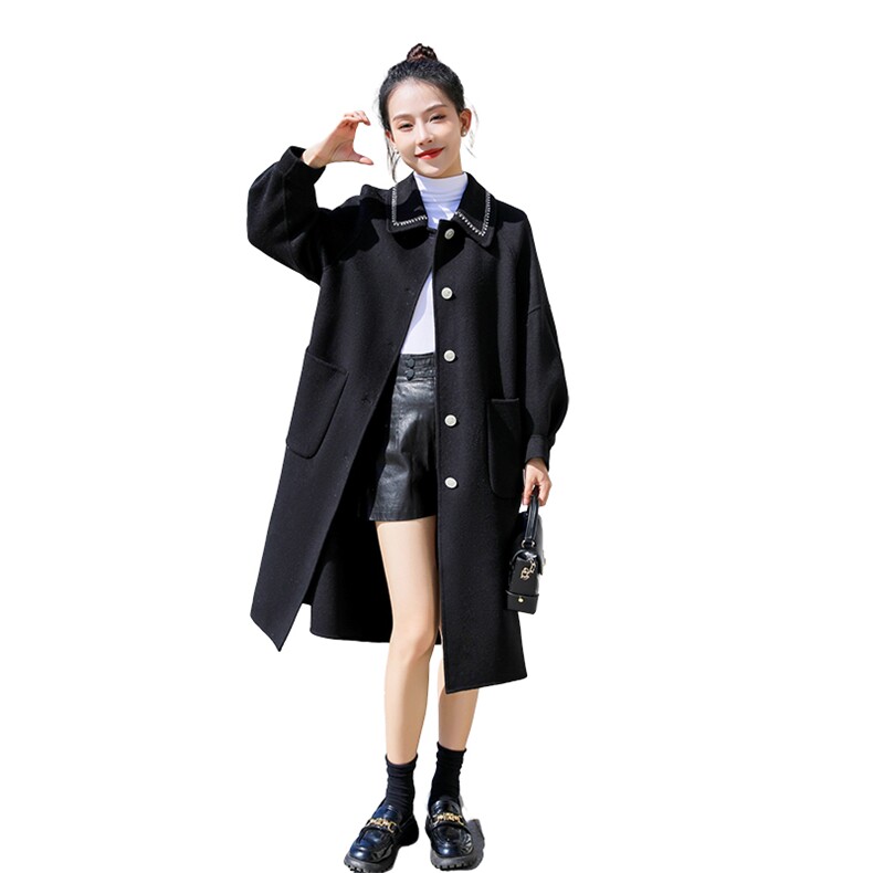 现货新款秒发纯手工缝制订钻宽松休闲双面羊毛呢大衣,女装毛呢外套,丝露怡语