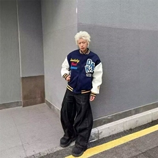 美式复古刺绣字母PU皮衣棒球服外套男女韩系宽松情侣夹克，男装夹克，星座506A