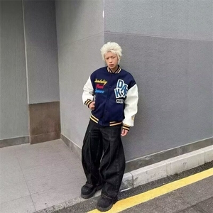 美式复古刺绣字母PU皮衣棒球服外套男女韩系宽松情侣夹克图片