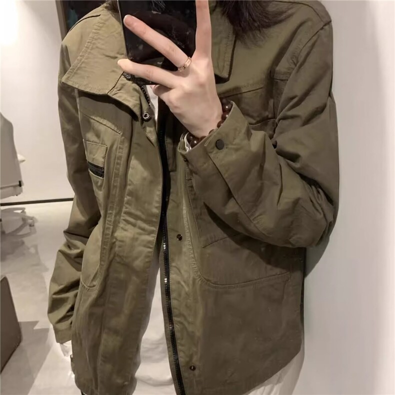 春秋美式复古设计感军绿色工装外套薄款翻领棒球服夹克潮流帅气,男装夹克,星座218-1（原230）