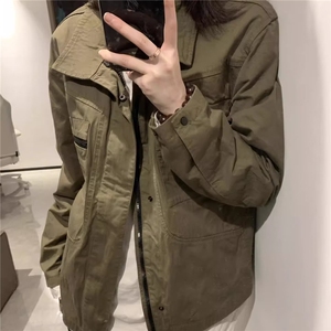 春秋美式复古设计感军绿色工装外套薄款翻领棒球服夹克潮流帅气图片
