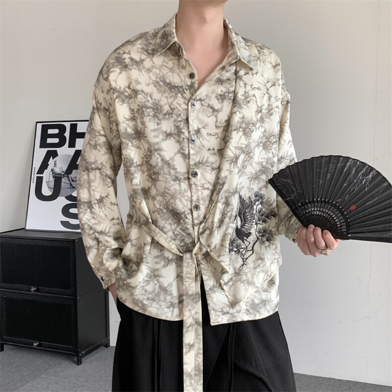 春装2025新中式复古男女衬衫不规则拼接衬衣绑带复古长袖衬衣图片