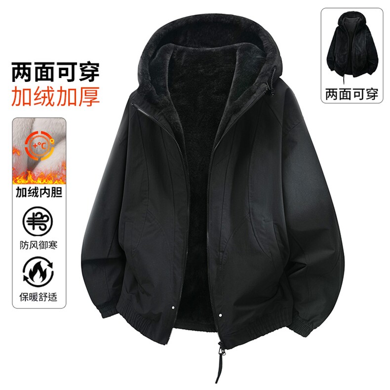 双面穿座山雕加厚连帽双色银狐绒飞行夹克外套 A436-2601-特P120图片