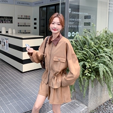 秋季新品复古翻领可收腰夹克短裤两件套2C285-2856-P185-K278，女装套装/套裙，2C285