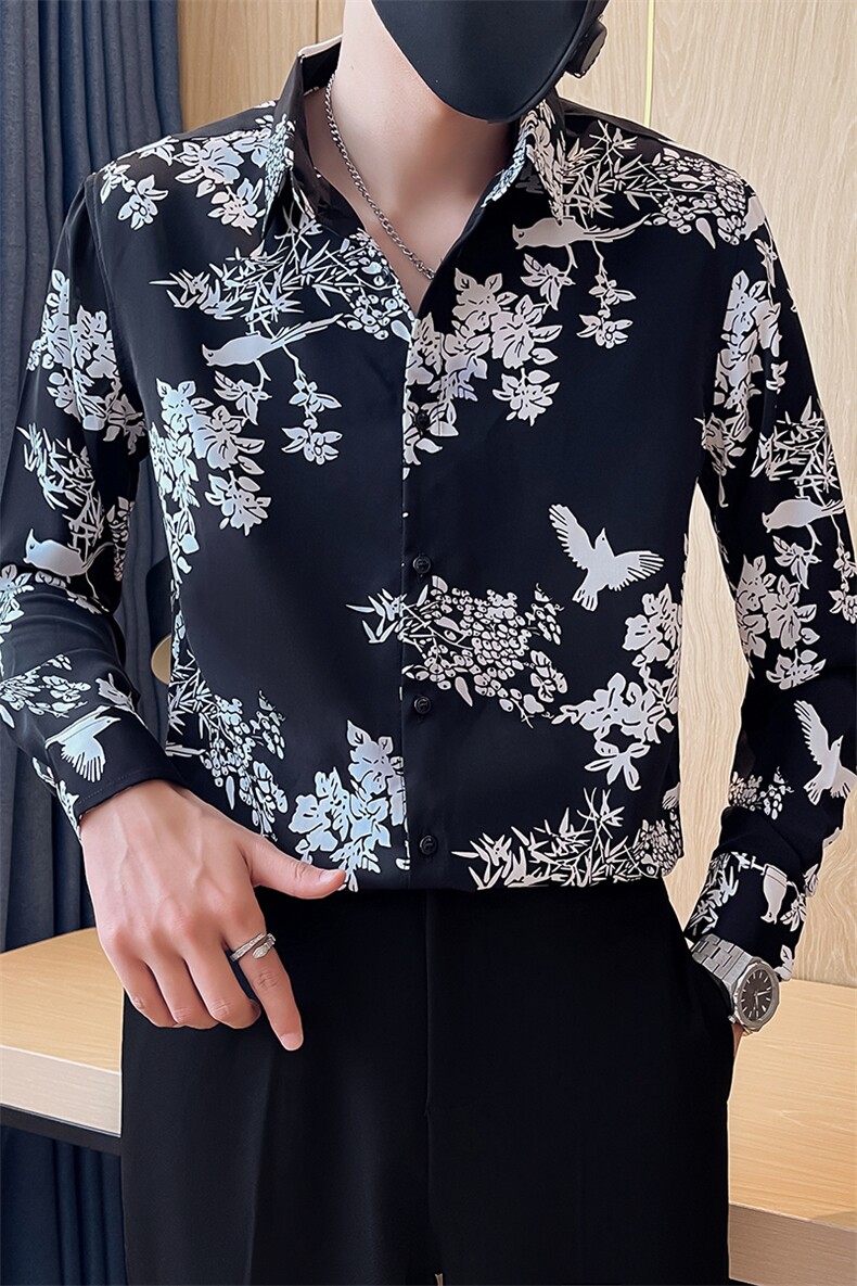 301A-1/H513/P58秋季新款男士长袖印花衬衫男痞帅修身花衬衣,男装衬衫,星座301A-1