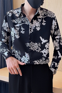 301A-1/H513/P58 秋季新款男士长袖印花衬衫男痞帅修身花衬衣图片