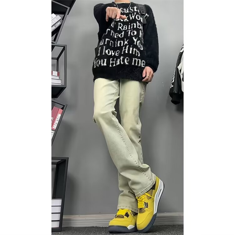 黄泥色牛仔裤男春秋季休闲裤子男微喇高街长裤直筒裤网图TG33-P40,男装牛仔裤,星座302B