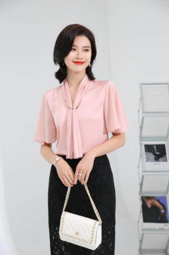 2021夏新V领工艺压褶气质飘带上衣，其它，秋子丰色(3F)