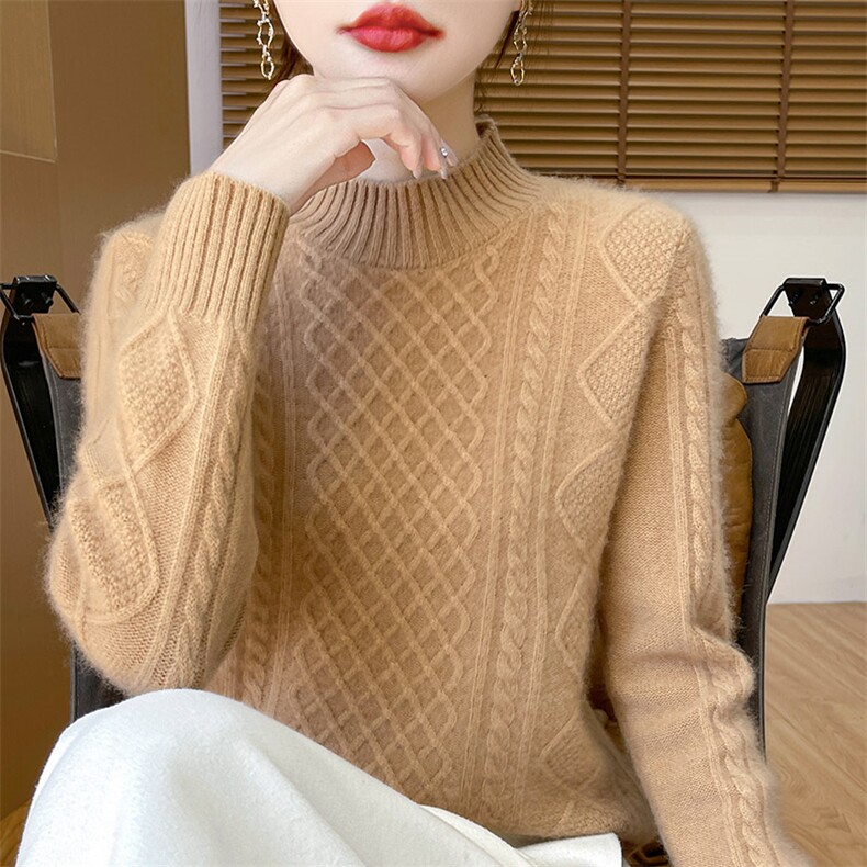 100%纯羊毛衫女士半高领菱形扭花加厚针织毛衣宽松保暖羊绒衫上衣,女装羊毛衫,秋虹羊绒