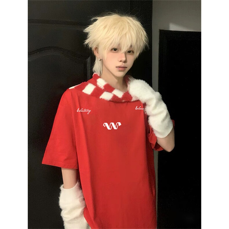 抖音得物210克现货宽松纯棉美式潮牌印花落肩袖纯棉T恤AT211114,男装T恤,电商A443