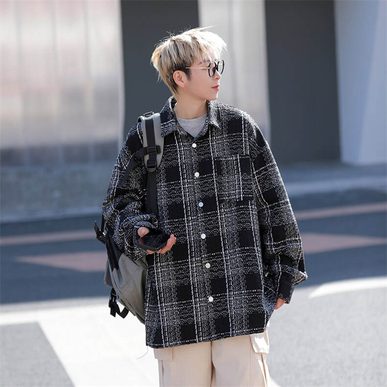 小香风翻领格子衬衫春季新款百搭宽松休闲衣外套男W8090-P65，男装衬衫，星座512-4