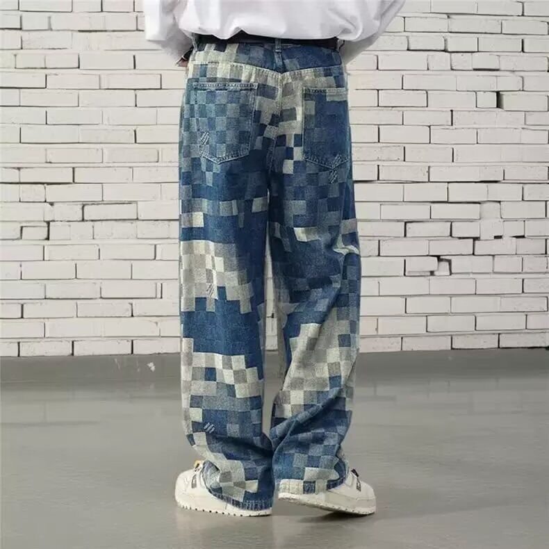 519-P46原版质量马赛克蓝色格子牛仔裤,男装牛仔裤,电商B323A