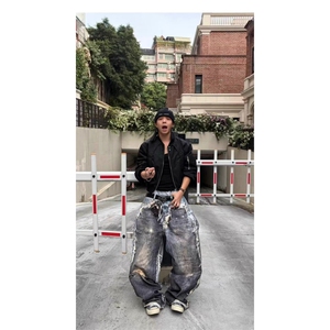 1506/QN730/P60立体刀割破坏做旧Baggy廓形直筒牛仔裤宽松图片