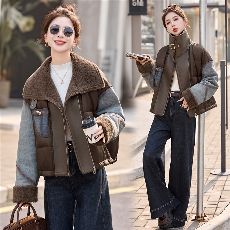 牛仔拼接短款羽绒服女2025冬季新款翻领加厚保暖羽绒外套,女装羽绒服,沁沁公主