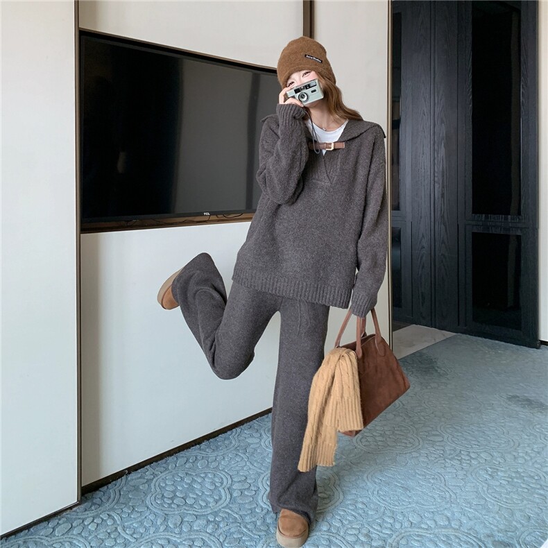 松弛感针织套装女冬巨好看翻领毛衣阔腿裤两件套，女装套装/套裙，浙宝160