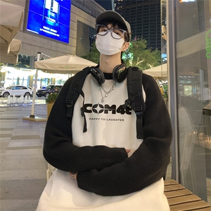 港风 夜景个性字母印花拼接插肩袖圆领毛衣 M81005 特批55控88图片