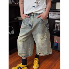 夏季复古破洞牛仔短裤男宽松百搭直筒七分阔腿乞丐中裤L11477-p50，男装牛仔裤，星座1008