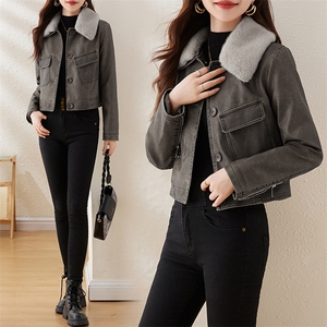 复古磨砂加绒小皮衣女修身短款2024冬季新款配毛领机车服pu皮夹克图片