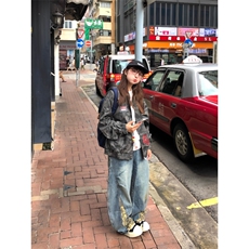 美式复古豹纹拼接弯刀裤情侣街头阔腿休闲长裤牛仔裤，男装牛仔裤，星座506A