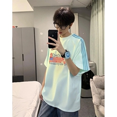 抖音得物品质二开240克宽松纯棉美式潮牌印花三条杠中性风短袖T恤，男装T恤，电商A486-1