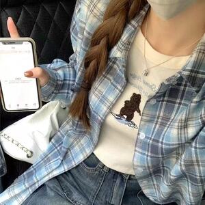 美式磨毛格子衬衫男春夏季潮牌宽松休闲cleanfit学生长袖衬衣外套图片