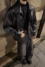 秋季机车痞帅高街PU皮男宽松拉链设计皮衣外套J5229-特P70控128，男装皮衣，电商A001
