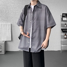 8XL-M短袖衬衫男夏宽松慵懒风痞帅条纹格子衫半袖外套DC28005P40，男装衬衫，电商B312