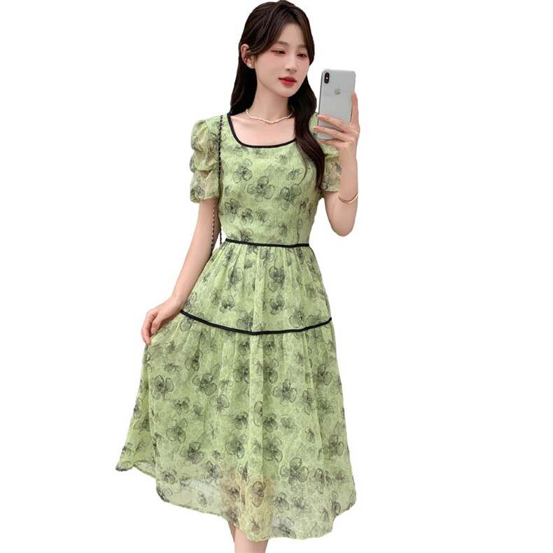 【Miss】蝴蝶结雪纺洋气印花连衣裙2026夏季商场专柜品牌女装,女装连衣裙,心心服饰