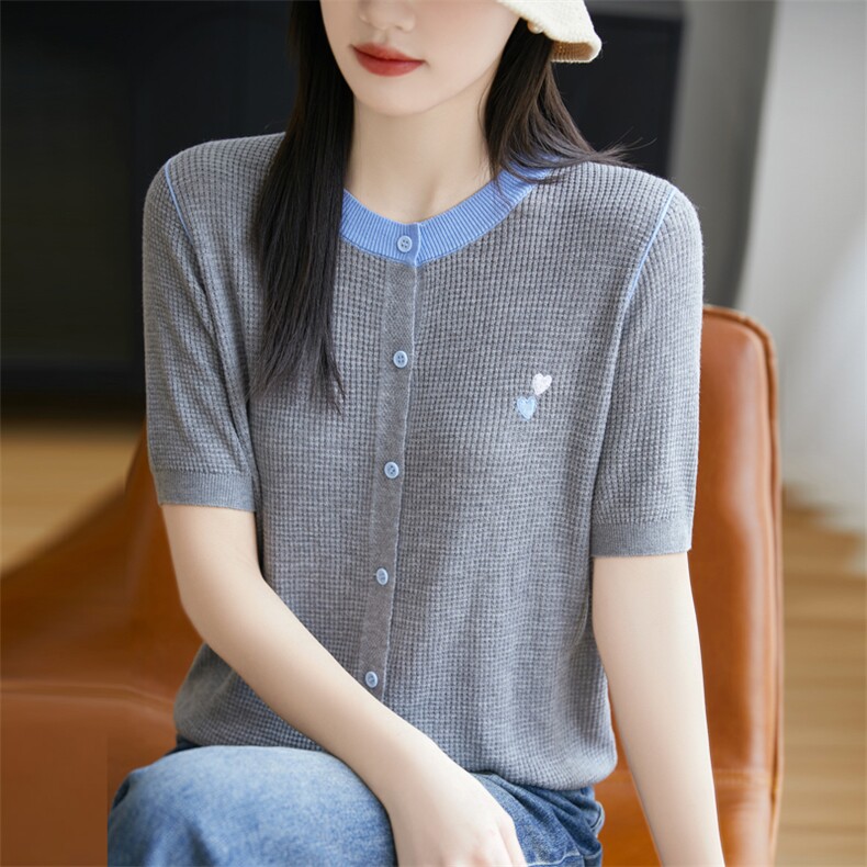 莱赛尔天丝针织短袖开衫女圆领甜美爱心拼色半袖T恤宽松打底上衣,女装蕾丝衫/雪纺衫,菲奥羊绒