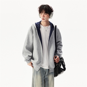 重磅高品质硬挺boxy26春装美式高街结构撞色拼接连帽卫衣开衫外套图片