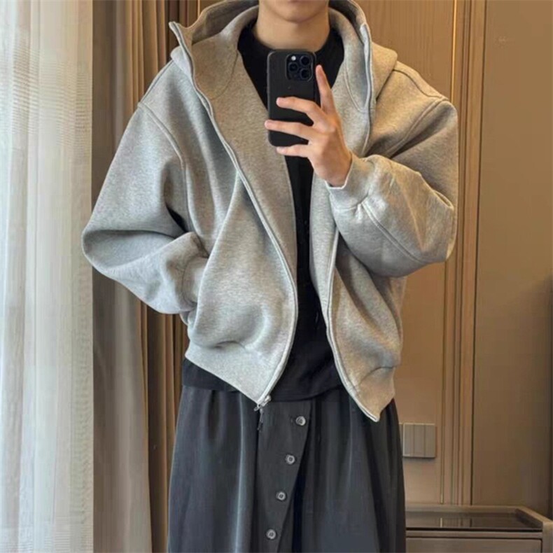 抖音得物高品质二开26春装美式高街重磅结构高领连帽卫衣外套W62,女装短外套,电商A486