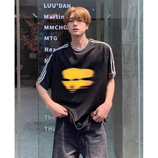 抖音得物高品质二开240克宽松纯棉美式潮牌三条杠织带短袖T恤，男装T恤，电商A486