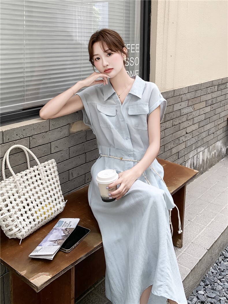 2026夏季浅蓝色短袖翻领衬衫连衣裙女新款简约气质系带收腰长裙子,女装连衣裙,霓裳依族