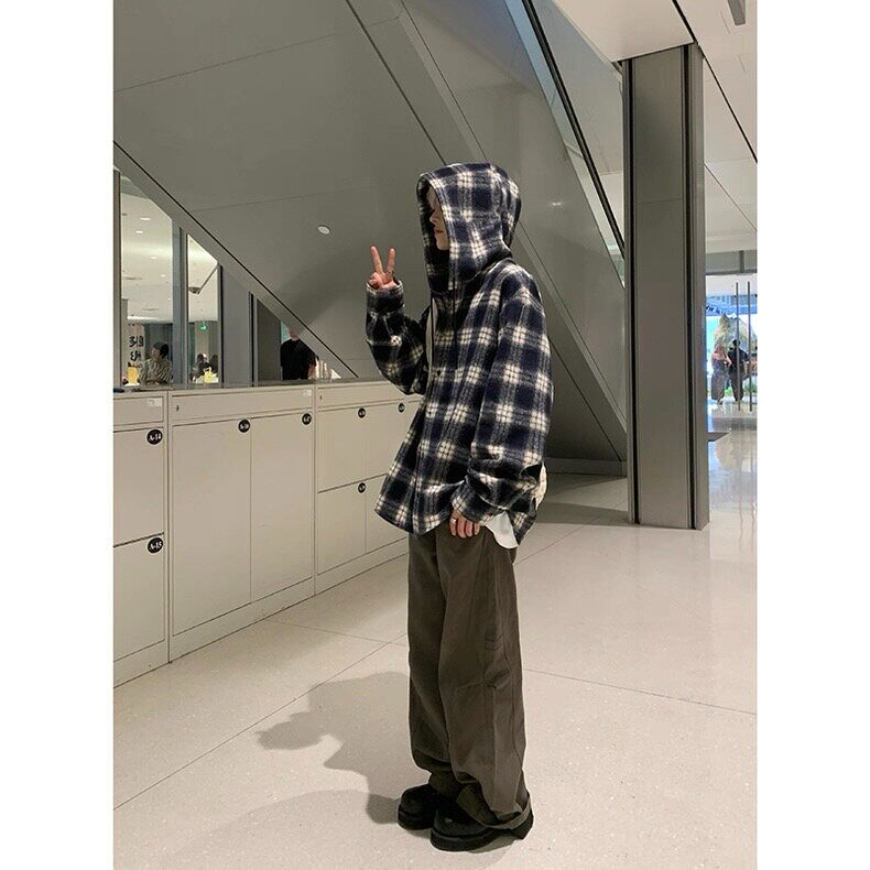 CS378-P38美式格子连帽衬衫男女2025春秋冬季复古慵懒风设计感,男装衬衫,电商B323A