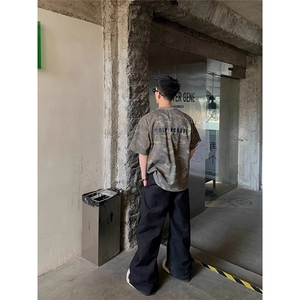 美式做旧水洗迷彩字母短袖百搭工装机能风夏季宽松圆领T恤男YTX66图片