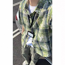 美式扎染格子衬衫短袖男女同款夏季衬衣半袖外套DC2240-特价P25，男装衬衫，电商A007