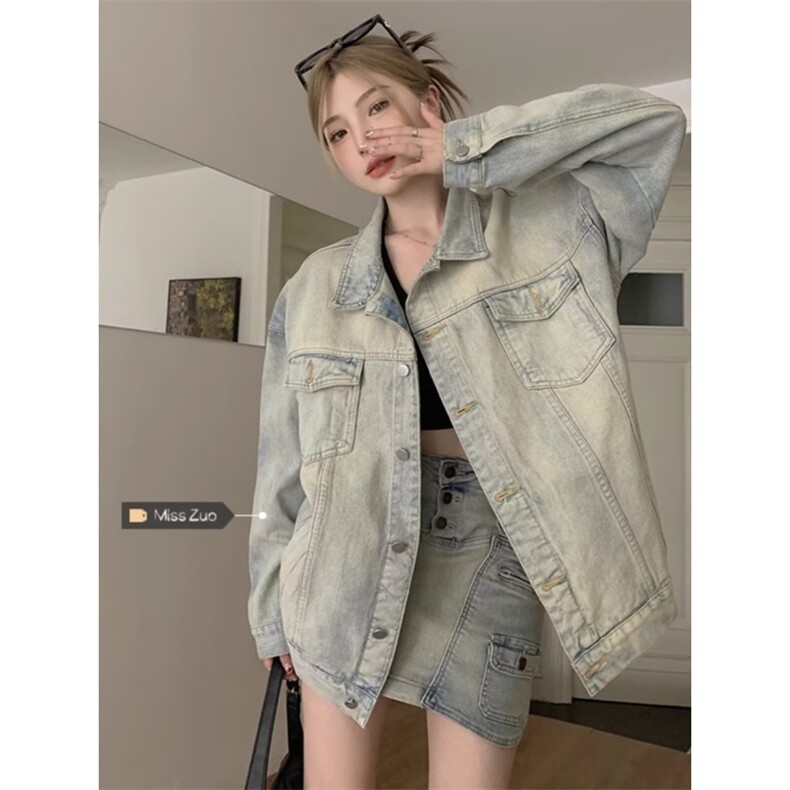 W577-P58做旧黄泥色大码牛仔外套男女款美式复古高街慵懒风上衣,男装工装外套,星座911-1