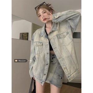 W577-P58 做旧黄泥色大码牛仔外套男女款美式复古高街慵懒风上衣图片