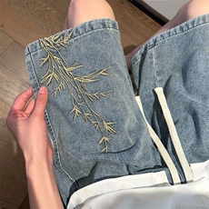 百搭刺绣牛仔短裤子男女简约新款夏季宽松阔腿五分裤休闲潮流，男装牛仔裤，星座1210-1